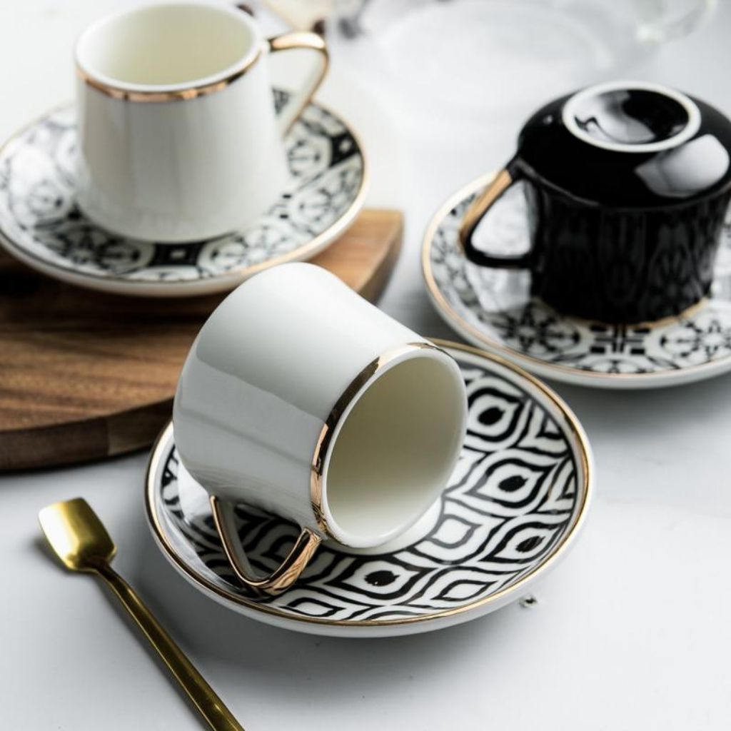 Black & White Turkish Coffee Cups W/Water Glass Set