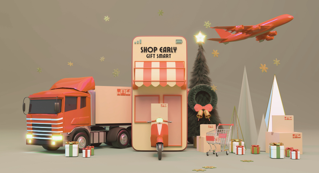 A festive holiday shopping scene with a delivery truck, scooter, and shopping cart, surrounded by wrapped gifts and holiday decor. A "Shop Early, Gift Smart" sign is displayed.