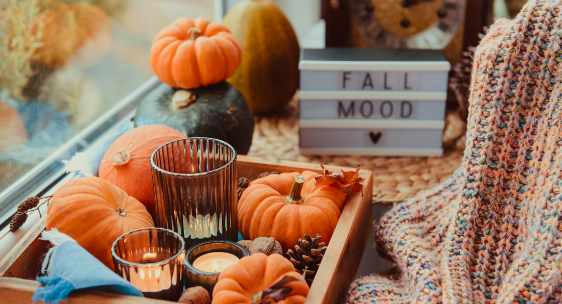 Cozy fall decor with pumpkins, candles, and knitted blanket, setting a warm autumn mood by the window.