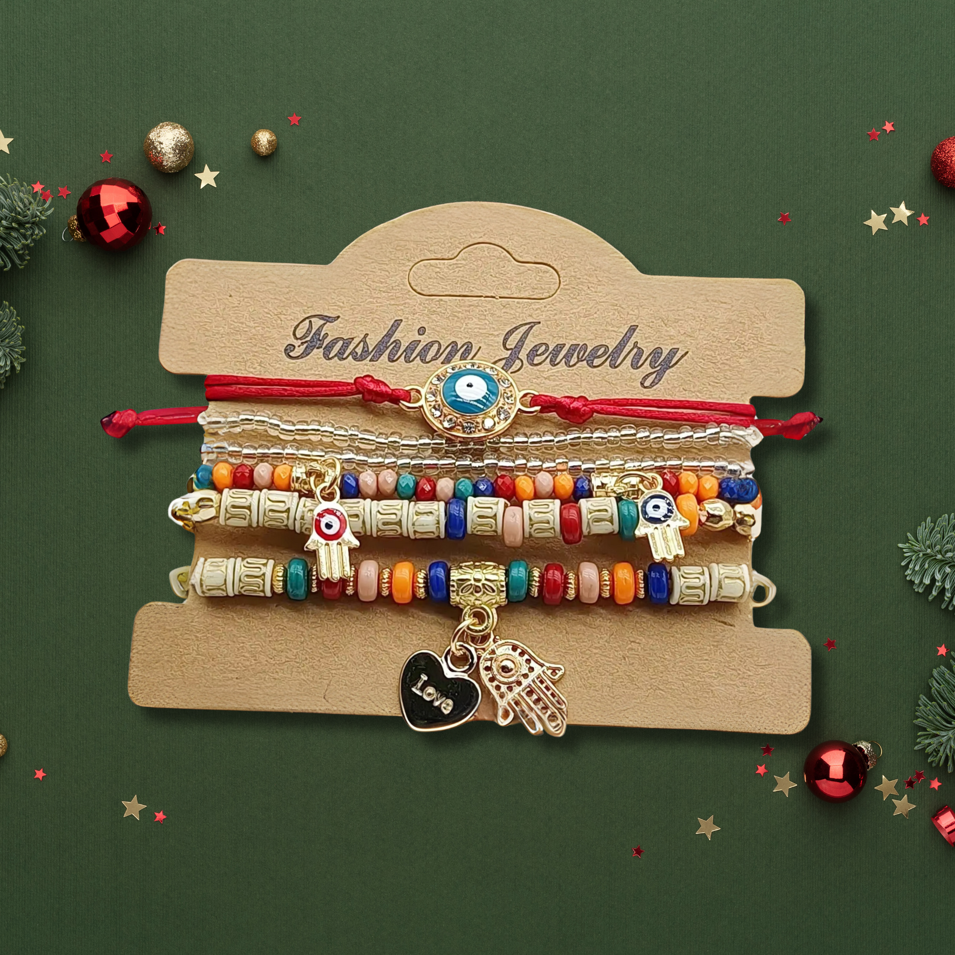 Red EVIL EYE Bracelets Set with love heart, hamsa and evil eye charms, layered bracelets perfect for Christmas gifts.