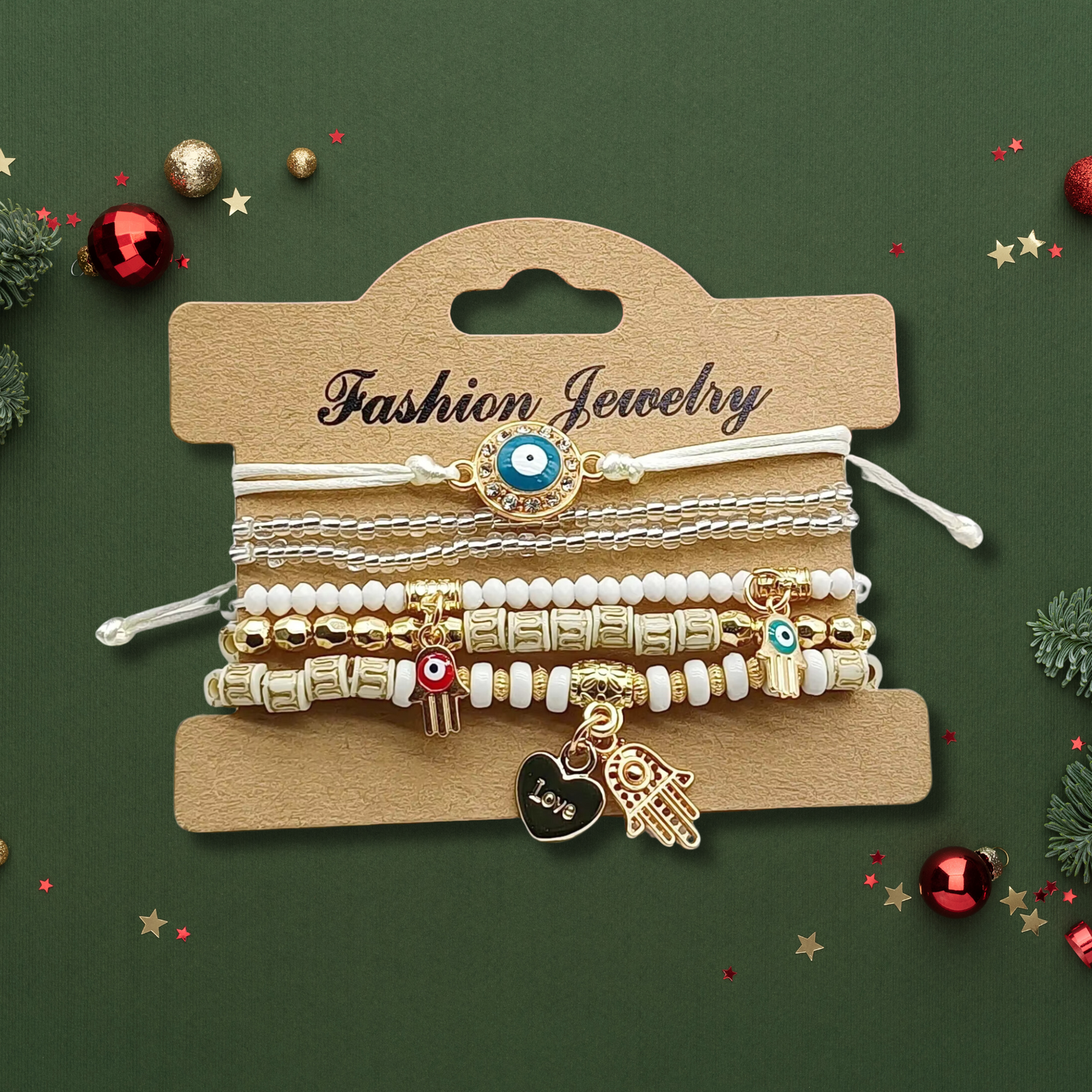 White EVIL EYE Bracelets Set with love heart, hamsa and evil eye charms, stylish layered bracelets for holiday gifting.