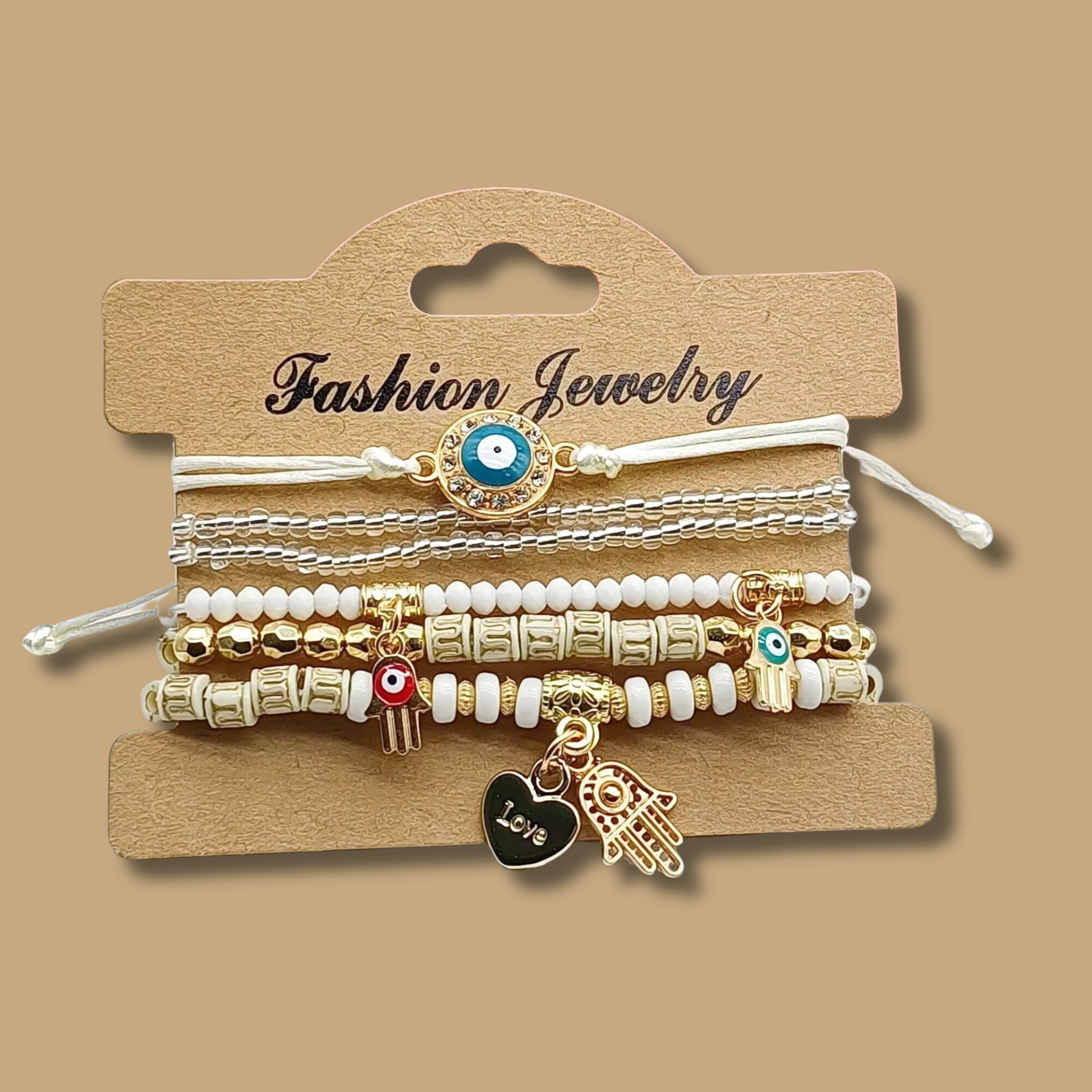 White EVIL EYE Bracelets Set with love heart, hamsa and evil eye charms, stylish layered bracelets