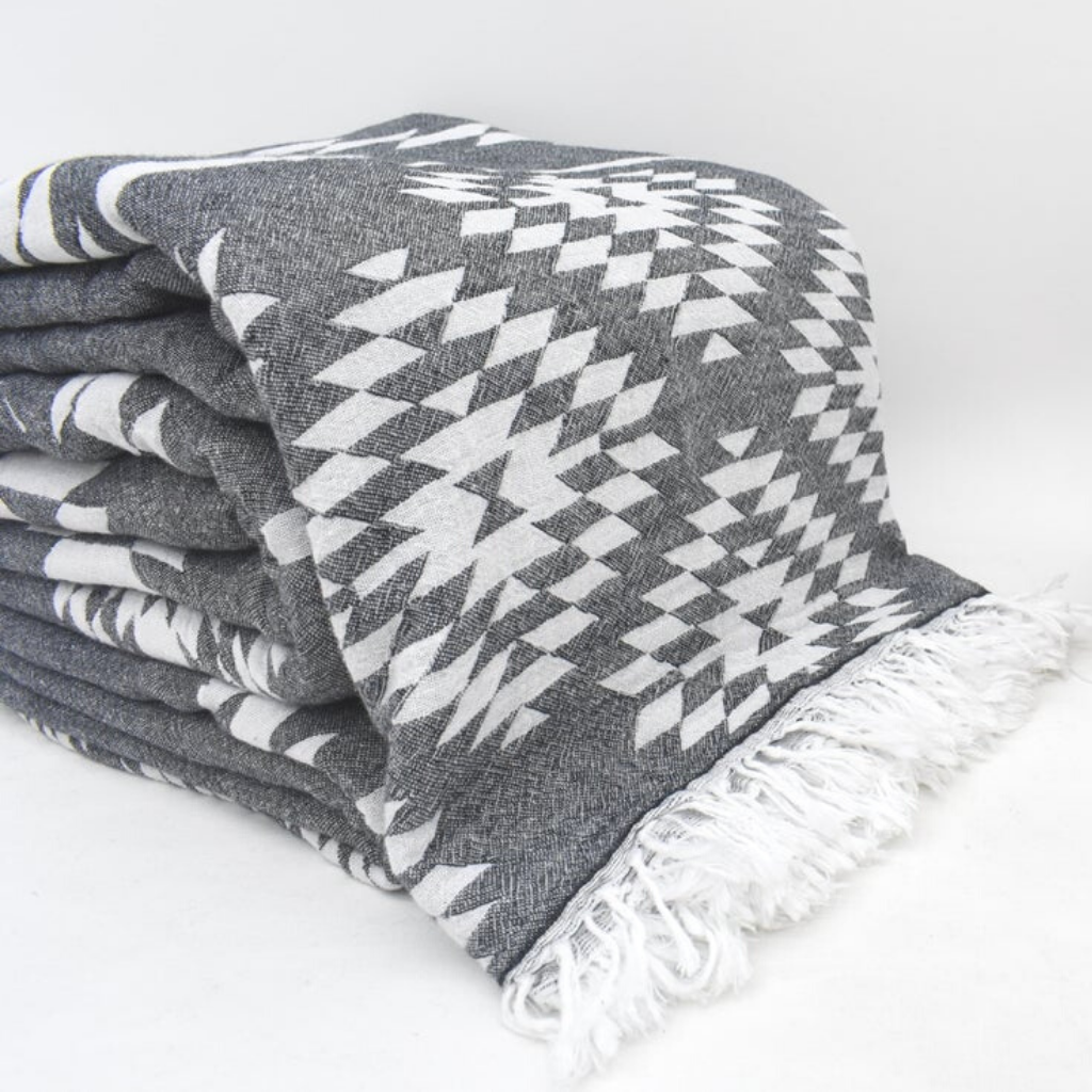 Folded soft KILIM Turkish Blankets in black