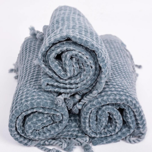 Folded WAFFLE Turkish Hand Towels in denim blue